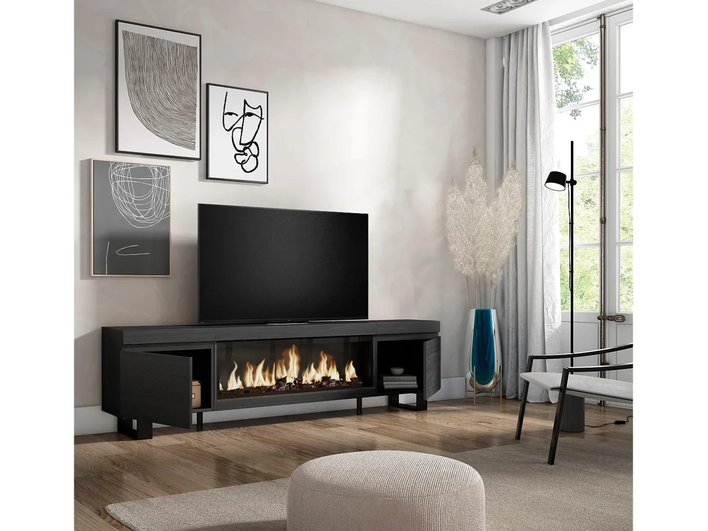 Sale Móvel de TV, 208x35x57cm, Para televisores até 80", Lareira eléctrica XXL, Design industrial, Móvel De Tv