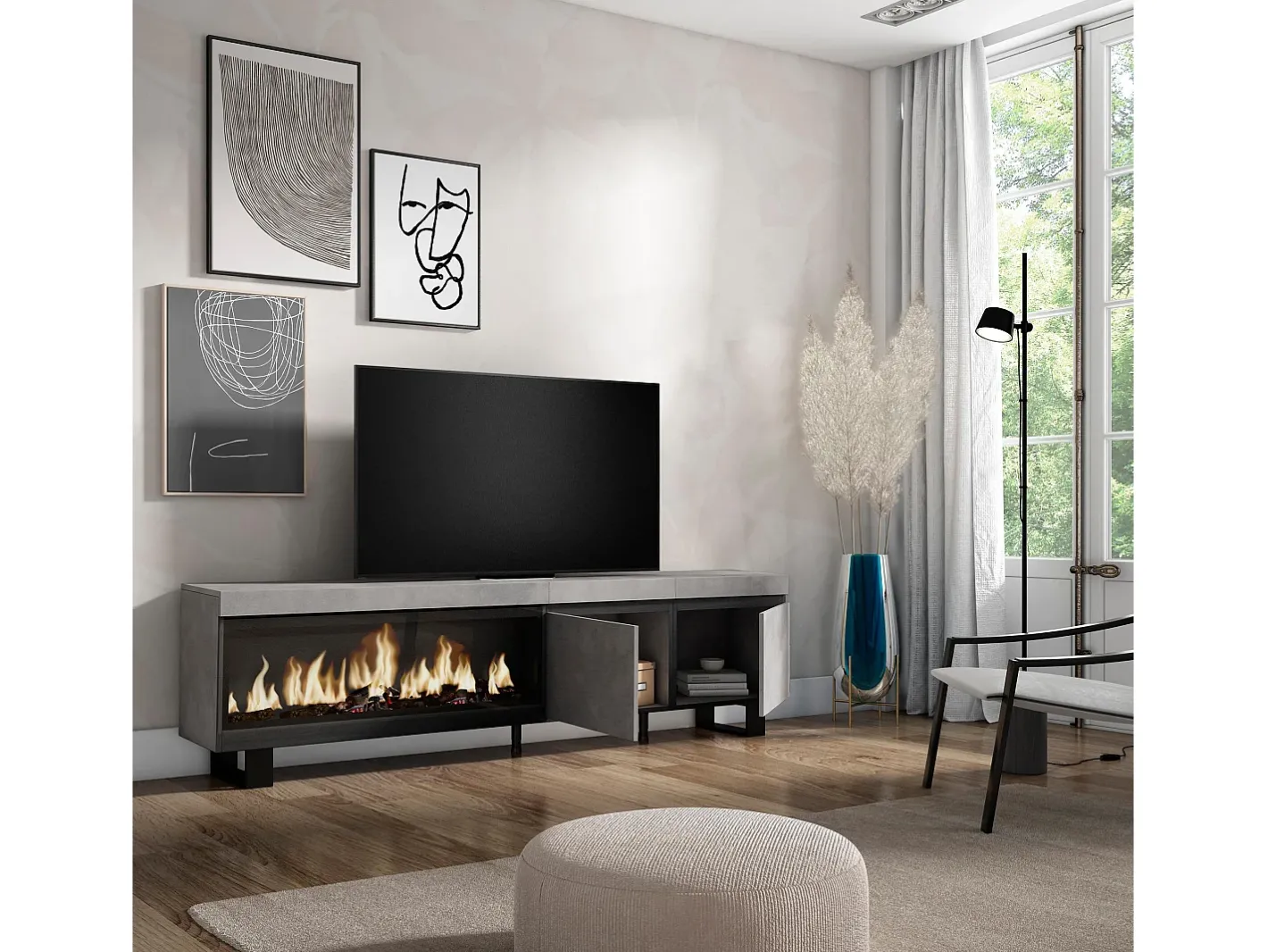 Móvel de TV, 208x35x57cm, Para televisores até 80", Lareira eléctrica XXL, Design industrial, Cimento Móvel De Tv