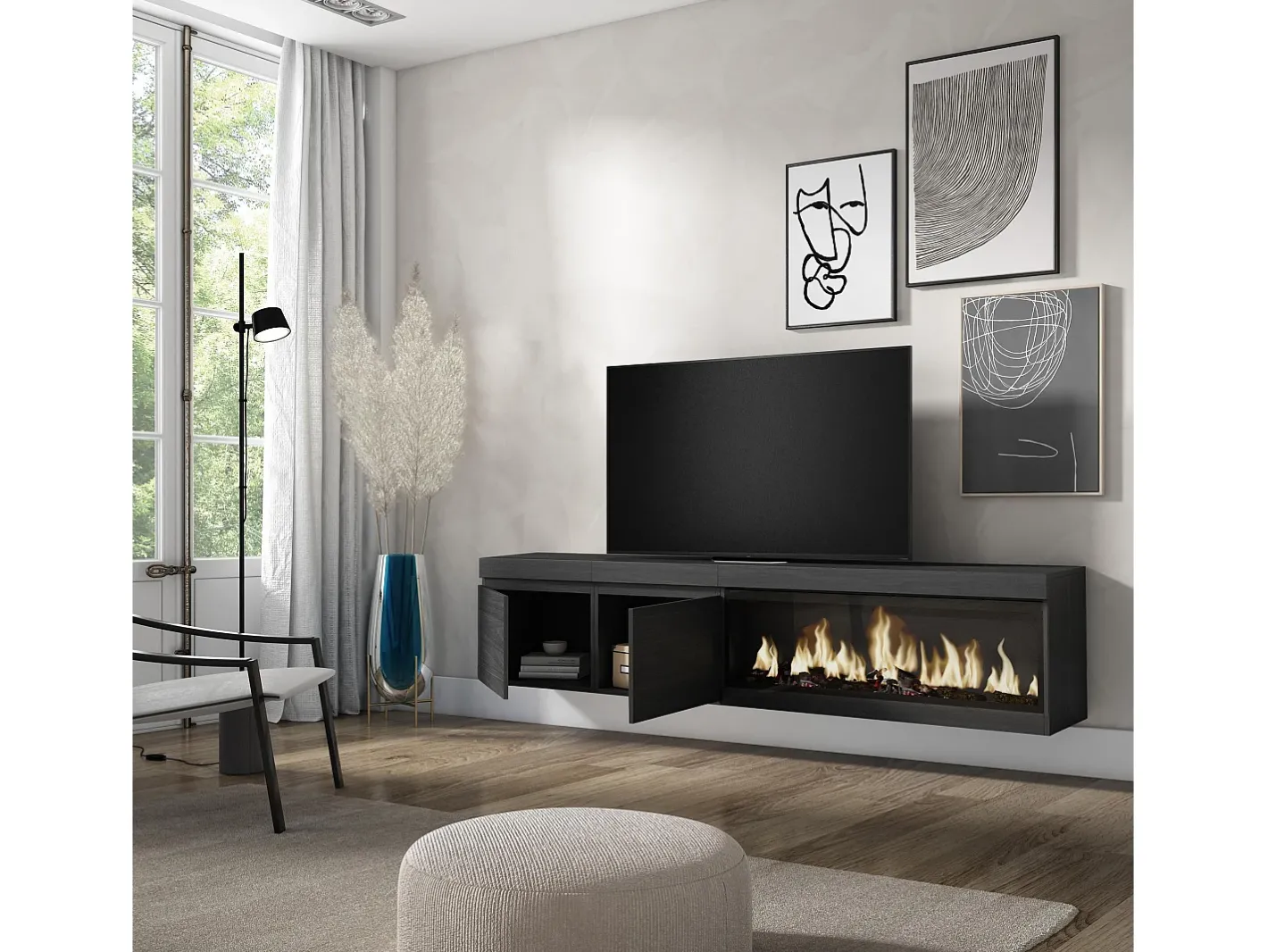 Móvel de TV, 208x35x45cm, Para televisores até 80", Lareira eléctrica XXL, Suspensos,^Skraut Home Discount