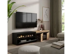 Móvel de TV, 200x35x45cm, Para televisores até 80", Lareira eléctrica, Carvahlo e preto*Skraut Home Sale