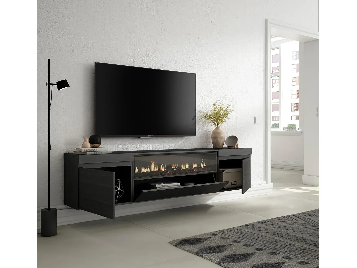 Skraut Home Móvel De Tv*Móvel de TV, 200x35x45cm, Para televisores até 80", Lareira eléctrica, Suspensos, Preto