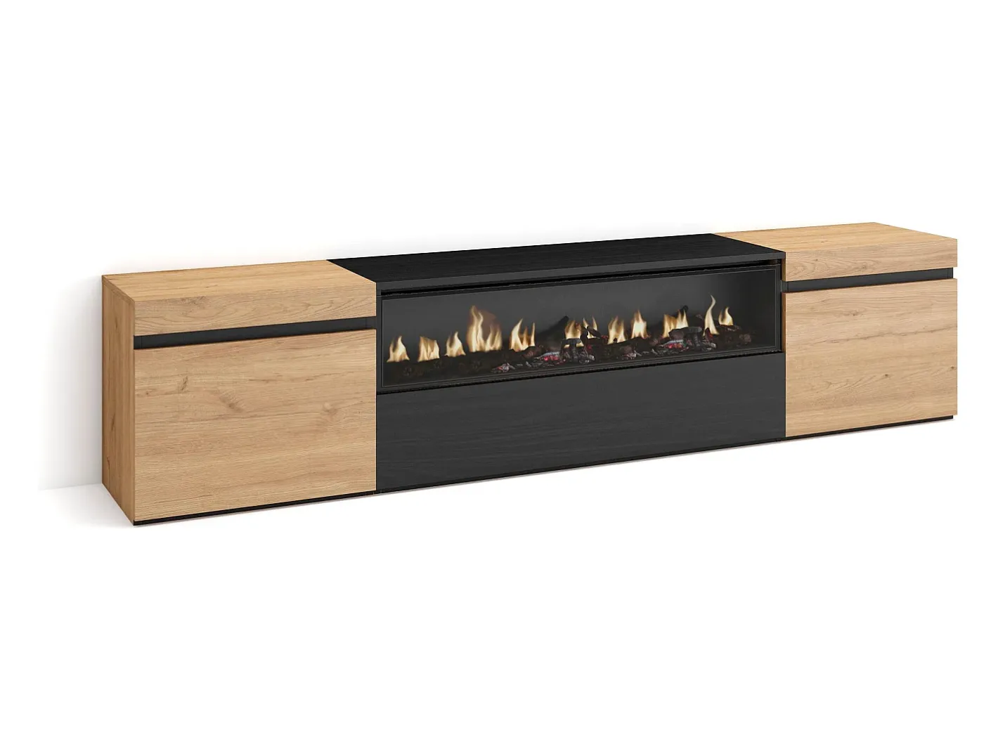 Móvel de TV, 200x35x45cm, Para televisores até 80", Lareira eléctrica, Carvahlo e preto*Skraut Home Best