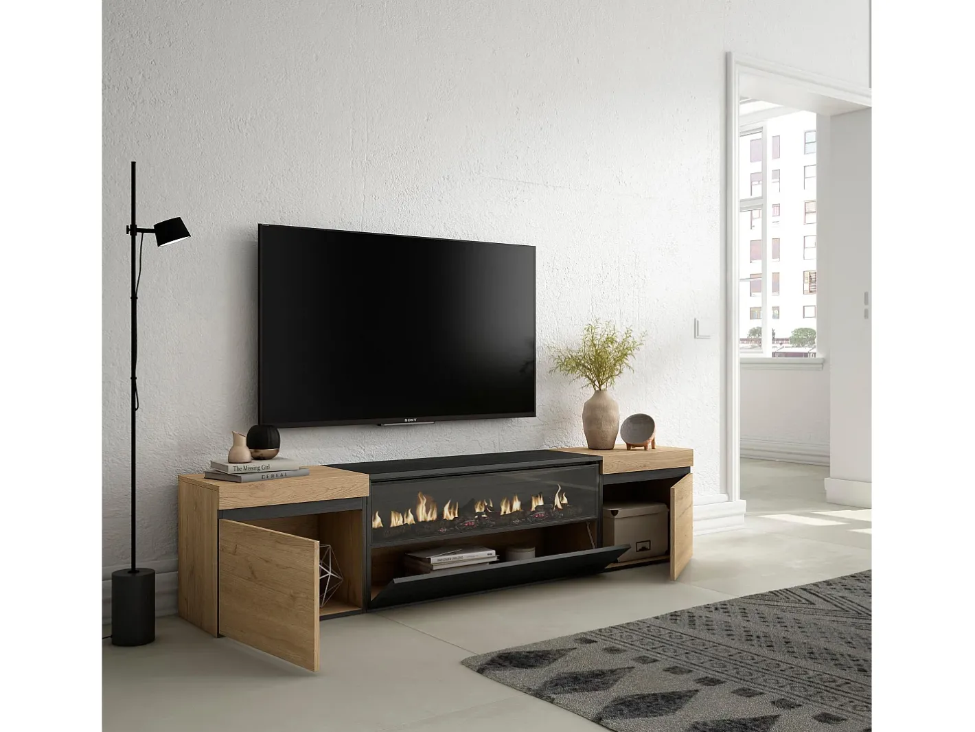 Móvel de TV, 200x35x45cm, Para televisores até 80", Lareira eléctrica, Carvahlo e preto*Skraut Home Best