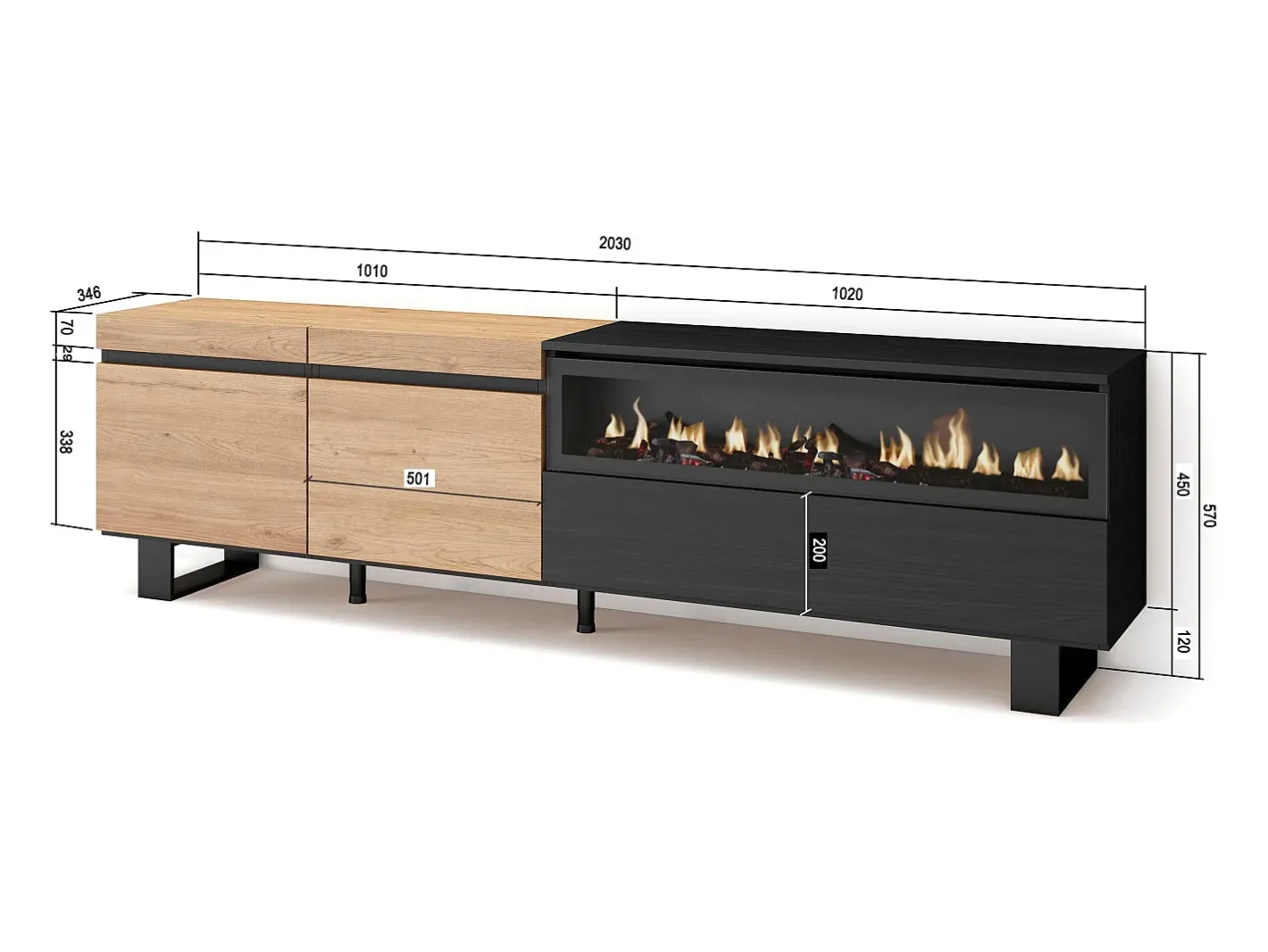 Móvel de TV, 200x35x57cm, Para televisores até 80", Lareira eléctrica, Design industrial, Carvahlo e preto*Skraut Home Best