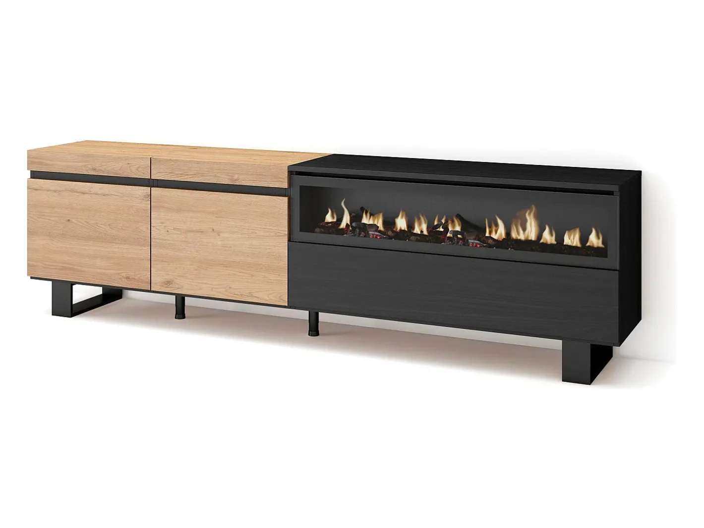 Móvel de TV, 200x35x57cm, Para televisores até 80", Lareira eléctrica, Design industrial, Carvahlo e preto*Skraut Home Best