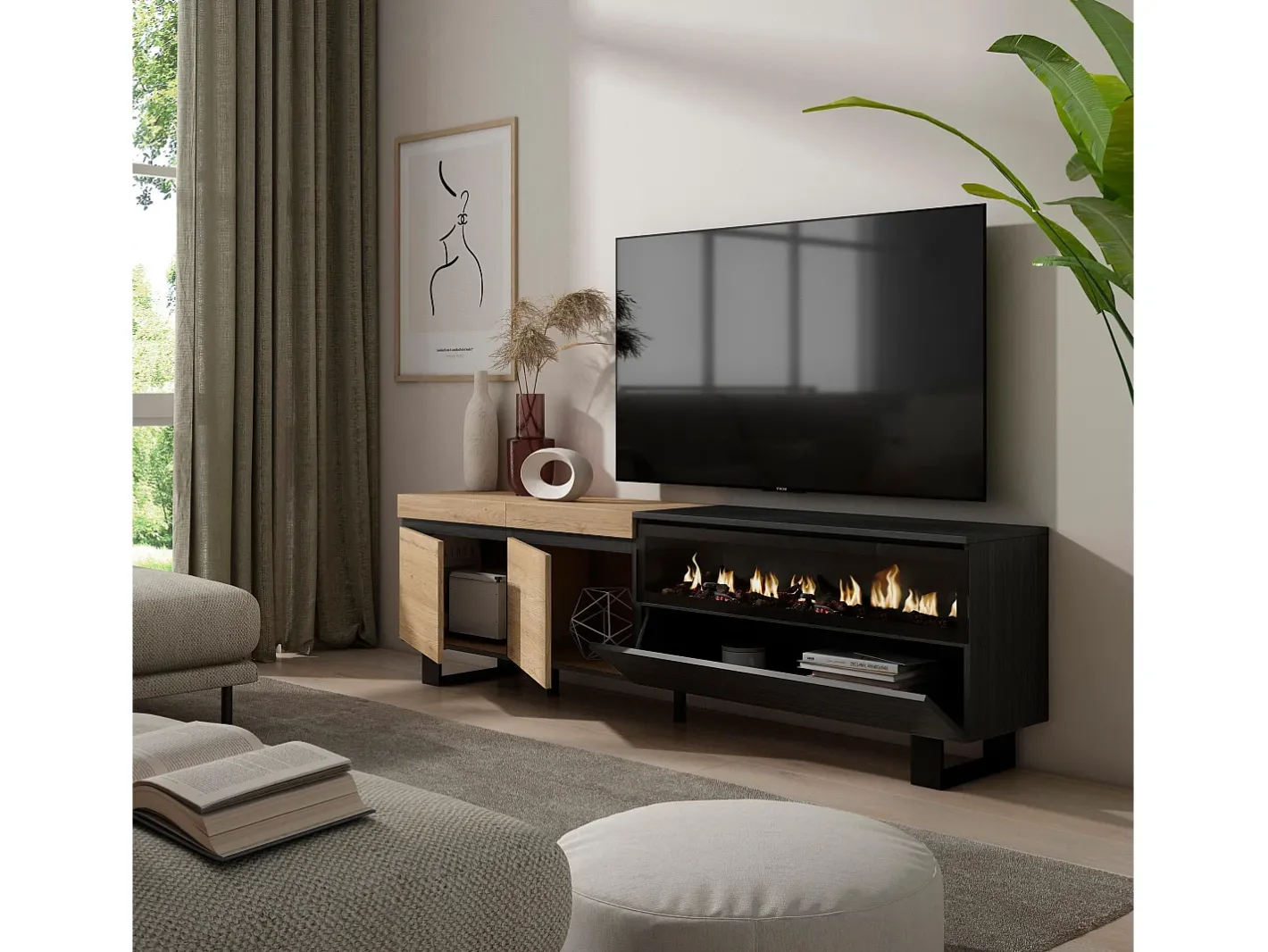 Móvel de TV, 200x35x57cm, Para televisores até 80", Lareira eléctrica, Design industrial, Carvahlo e preto*Skraut Home Best