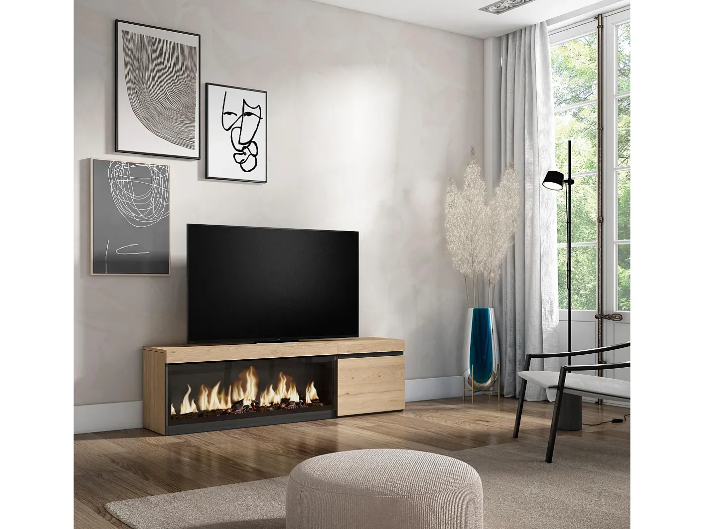 Móvel de TV, 158x35x45cm, Para televisores até 65", Lareira eléctrica XXL, Carvahlo^Skraut Home Best