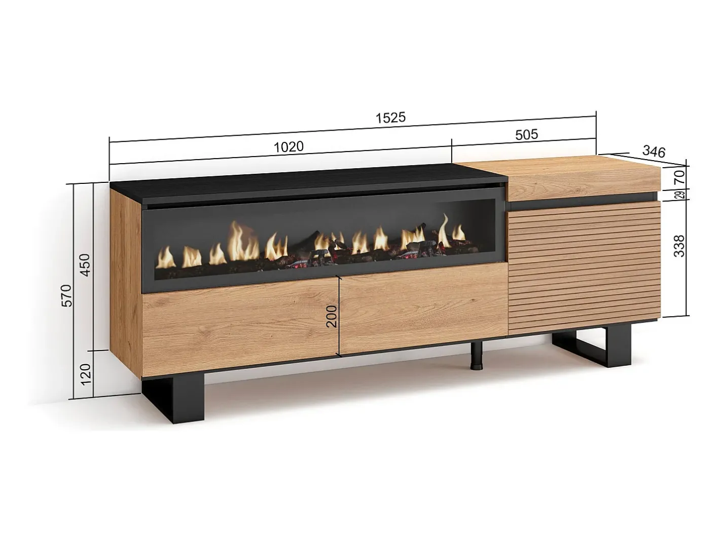 Móvel de TV, 150x35x57cm, Para televisores até 65", Lareira eléctrica, Design industrial, Carvahlo*Skraut Home Best