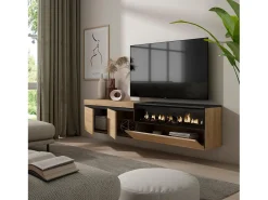 Móvel de TV, 200x35x45cm, Para televisores até 80", Lareira eléctrica, Suspensos, Carvahlo e preto^Skraut Home Sale