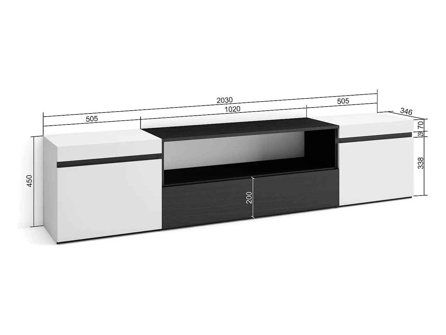 Skraut Home Móvel De Tv*Móvel de TV, 200x45x35cm, Para televisores até 80", Estante para TV, e preto Branco