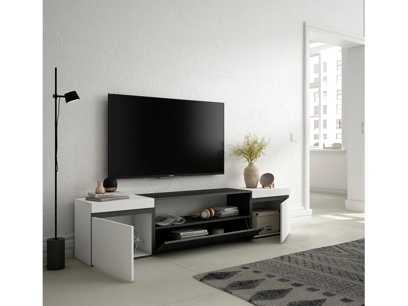 Skraut Home Móvel De Tv*Móvel de TV, 200x45x35cm, Para televisores até 80", Estante para TV, e preto Branco