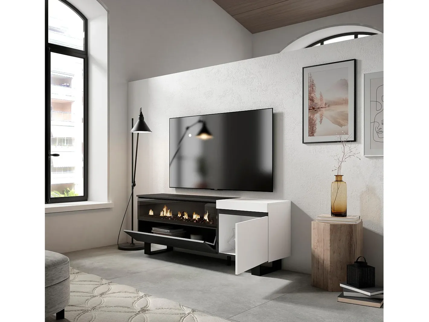 Outlet Móvel de TV, 150x35x57cm, Para televisores até 65", Lareira eléctrica, Design industrial, e preto Móvel De Tv