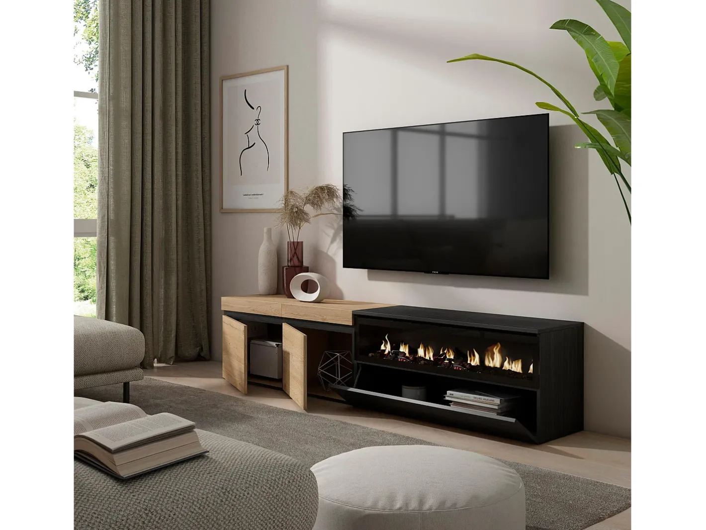 Outlet Móvel de TV, 200x35x45cm, Para televisores até 80", Lareira eléctrica, Carvahlo e preto Móvel De Tv