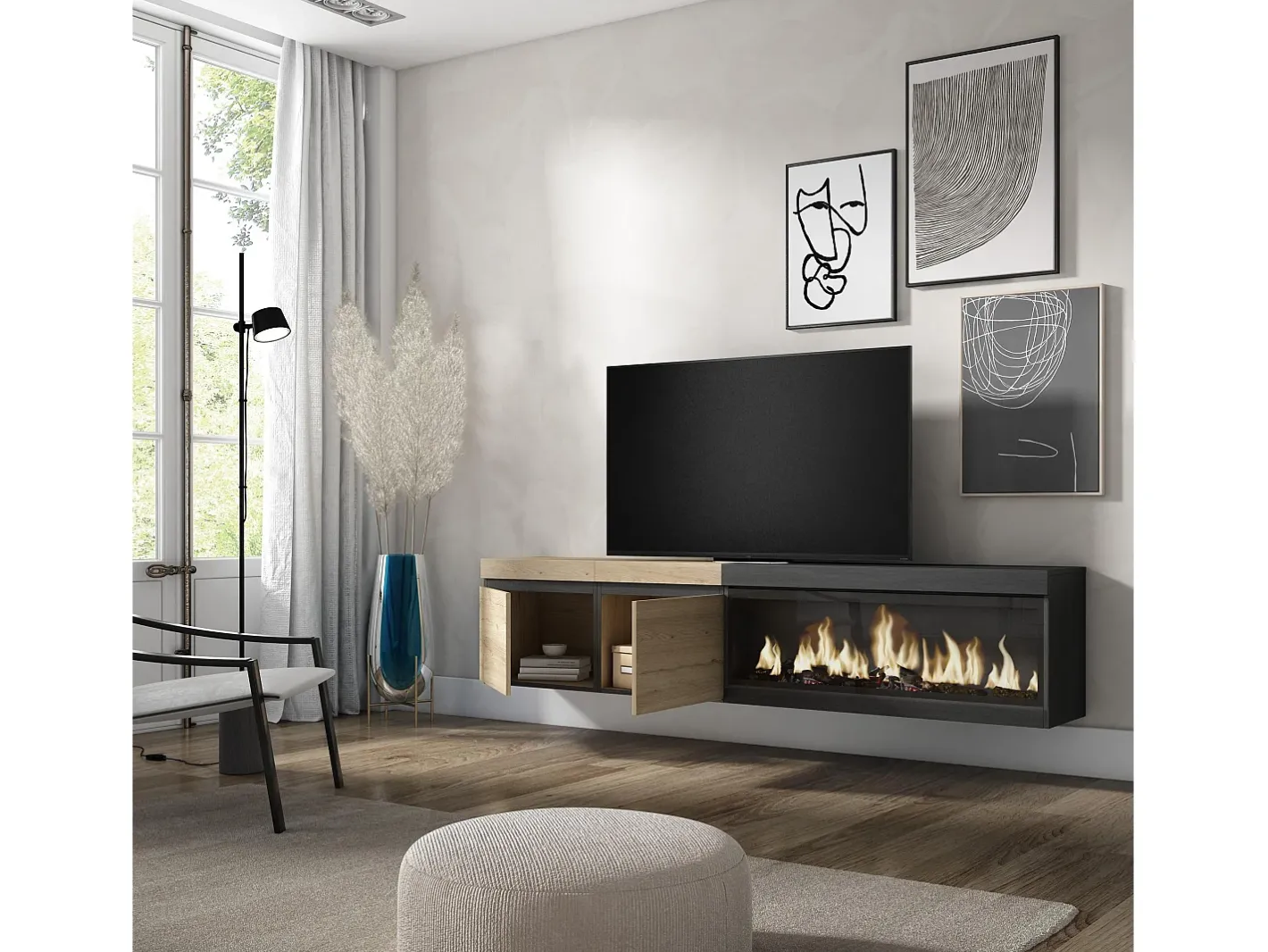 Skraut Home Móvel De Tv*Móvel de TV, 208x35x45cm, Para televisores até 80", Lareira eléctrica XXL, Suspensos, Carvahlo e preto Natural claro
