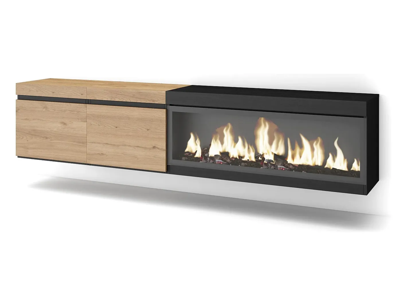 Skraut Home Móvel De Tv*Móvel de TV, 208x35x45cm, Para televisores até 80", Lareira eléctrica XXL, Suspensos, Carvahlo e preto Natural claro
