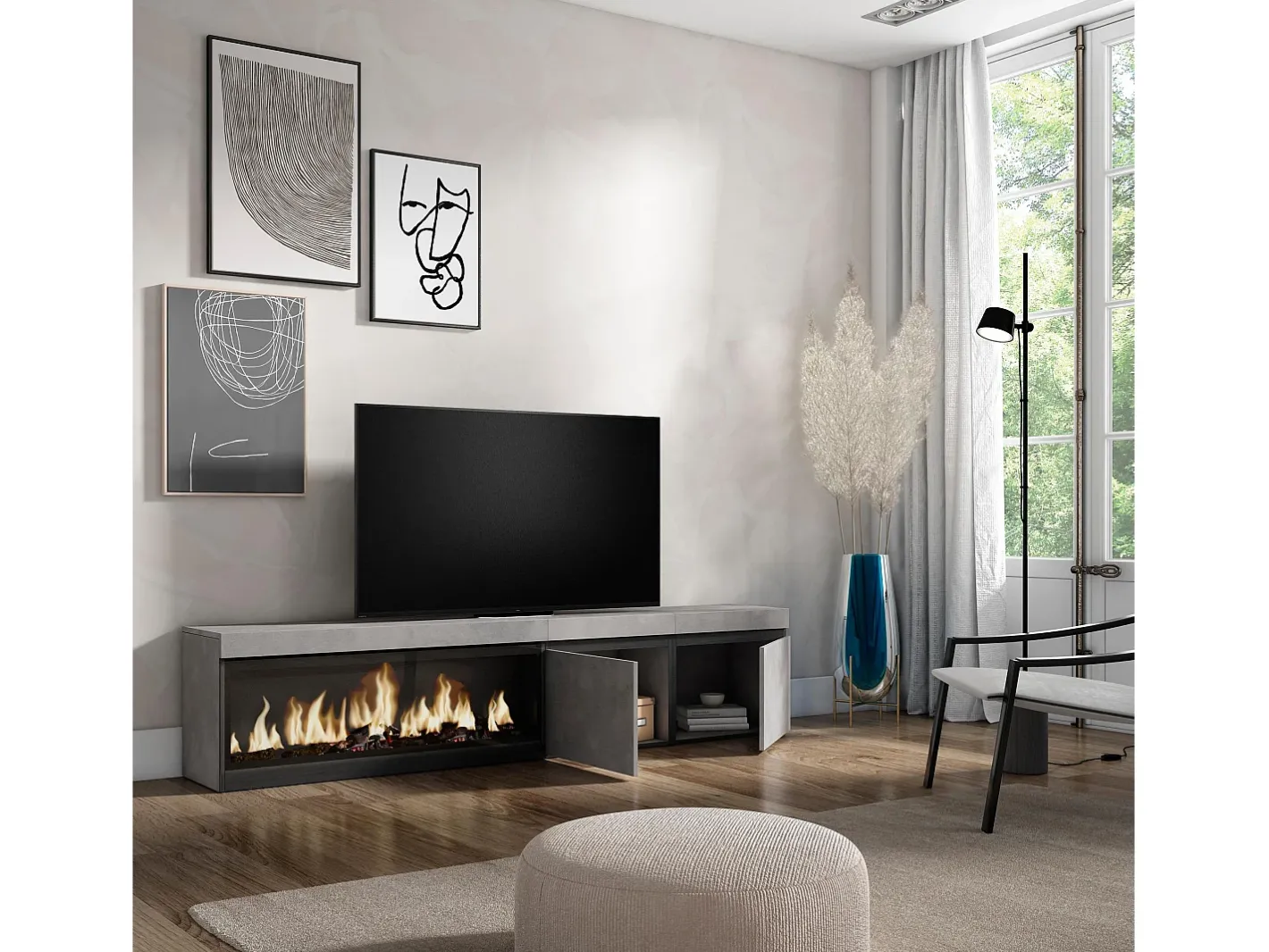 Skraut Home Móvel De Tv*Móvel de TV, 208x35x45cm, Para televisores até 80", Lareira eléctrica XXL, Cimento Cinzento