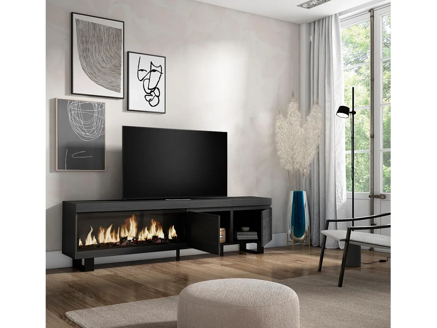 Móvel de TV, 208x35x57cm, Para televisores até 80", Lareira eléctrica XXL, Design industrial,^Skraut Home Online