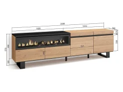 Móvel de TV, 200x35x57cm, Para televisores até 80", Lareira eléctrica, Design industrial, Carvahlo e preto*Skraut Home Hot