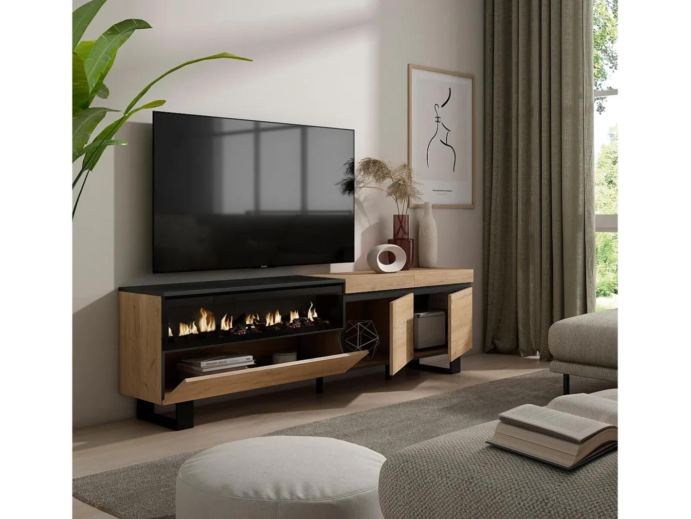 Móvel de TV, 200x35x57cm, Para televisores até 80", Lareira eléctrica, Design industrial, Carvahlo e preto*Skraut Home Hot