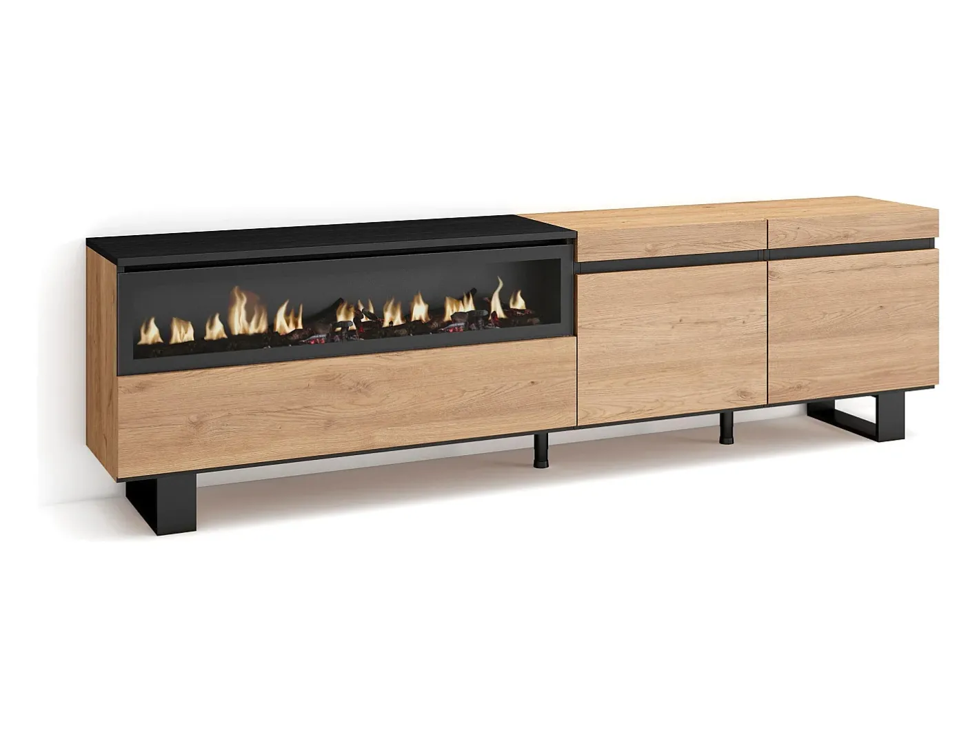 Móvel de TV, 200x35x57cm, Para televisores até 80", Lareira eléctrica, Design industrial, Carvahlo e preto*Skraut Home Hot