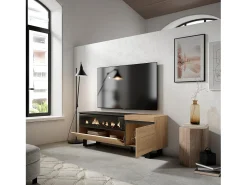 Móvel de TV, 150x35x57cm, Para televisores até 65", Lareira eléctrica, Design industrial, Carvahlo e preto^Skraut Home Hot