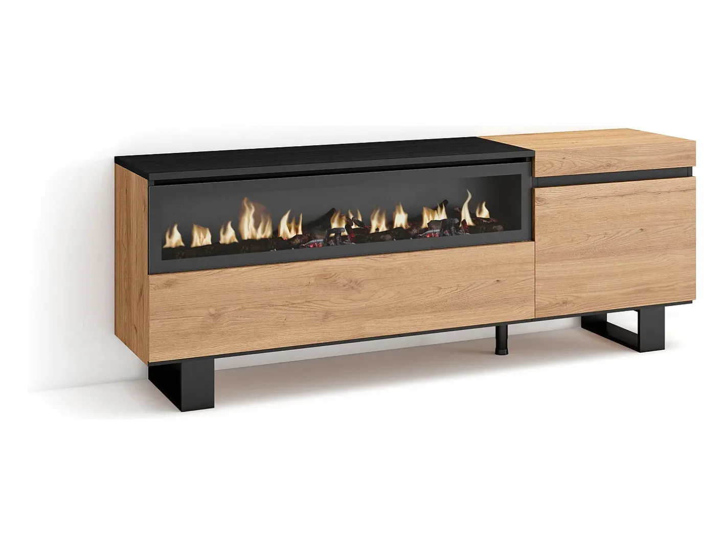 Móvel de TV, 150x35x57cm, Para televisores até 65", Lareira eléctrica, Design industrial, Carvahlo e preto^Skraut Home Hot