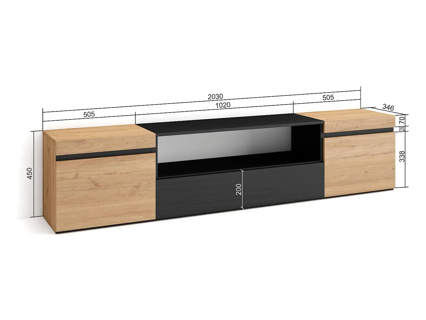 Móvel de TV, 200x35x45cm, Para televisores até 80", Estante para TV, Carvahlo e preto*Skraut Home New