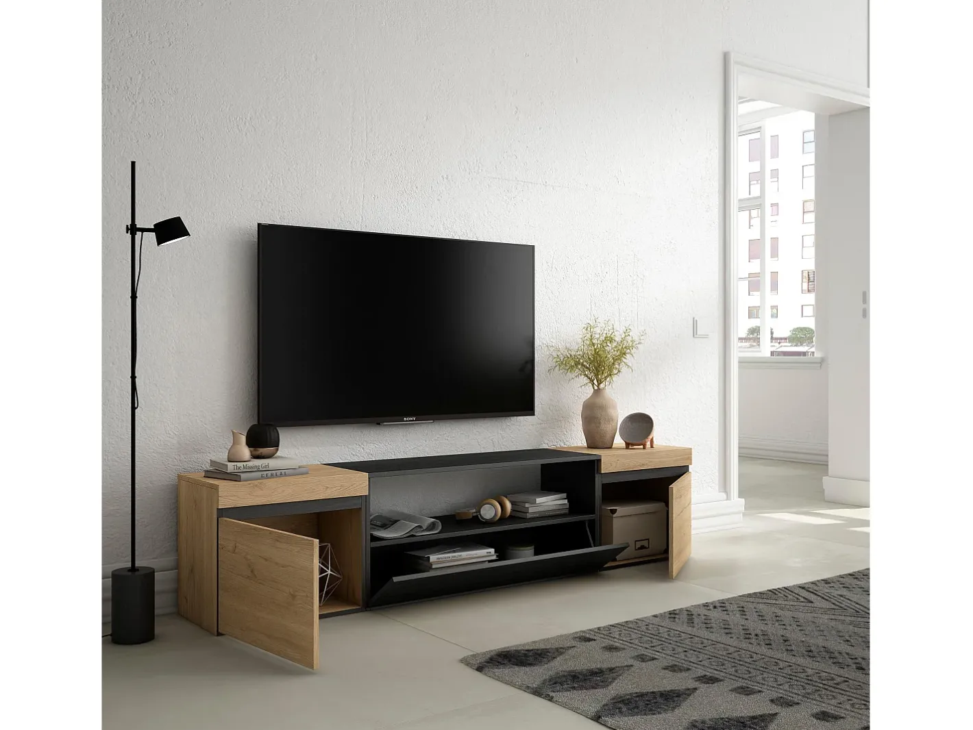 Móvel de TV, 200x35x45cm, Para televisores até 80", Estante para TV, Carvahlo e preto*Skraut Home New