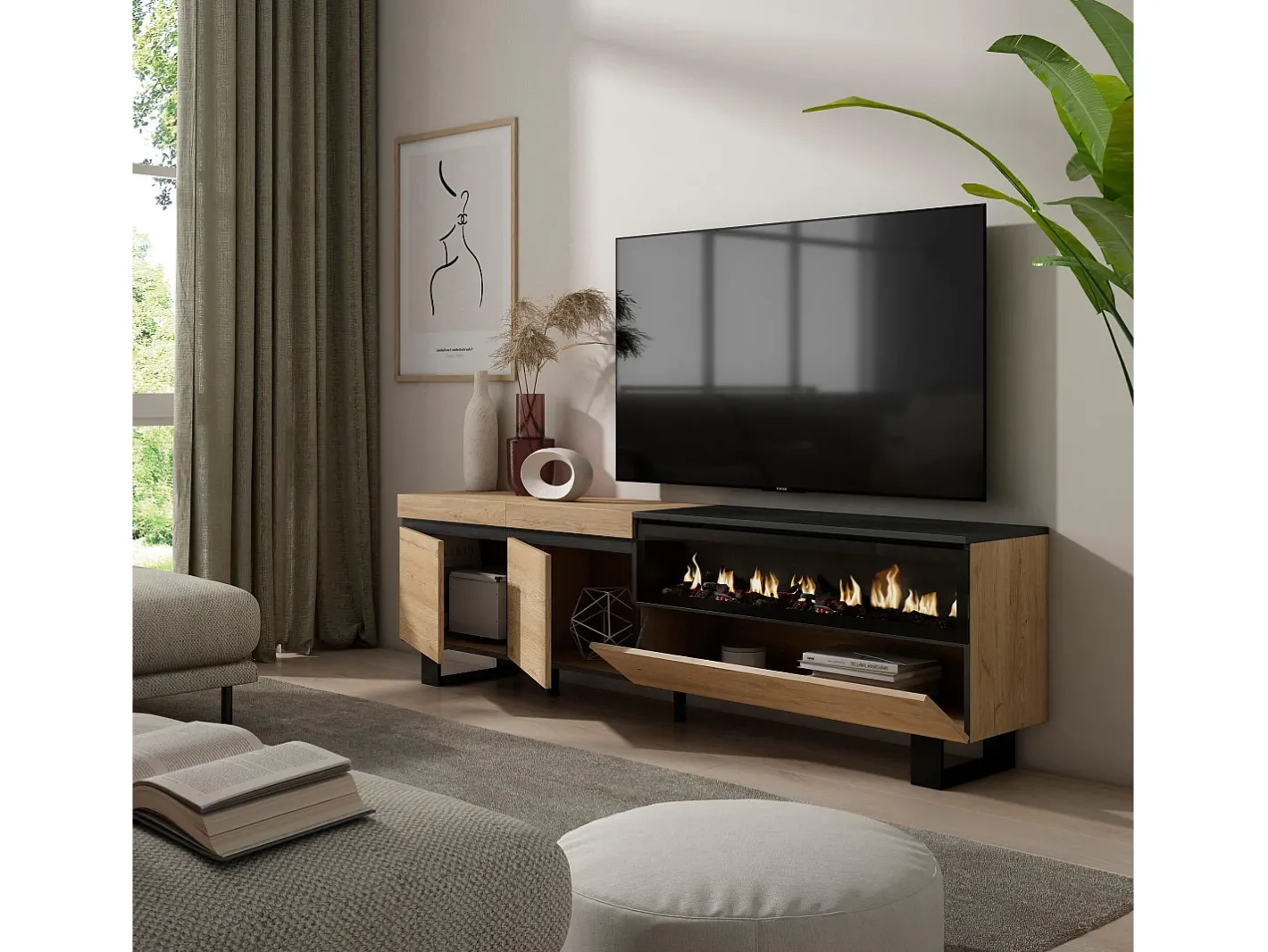 Móvel de TV, 200x35x57cm, Para televisores até 80", Lareira eléctrica, Design industrial, Carvahlo e preto*Skraut Home Sale