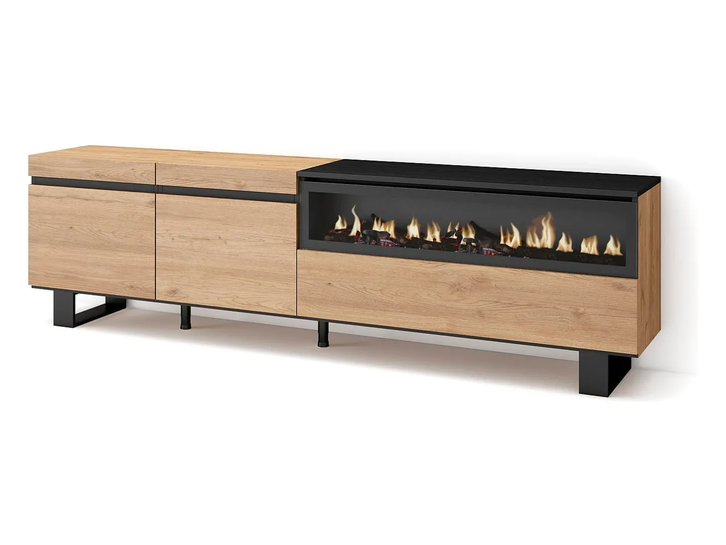 Móvel de TV, 200x35x57cm, Para televisores até 80", Lareira eléctrica, Design industrial, Carvahlo e preto*Skraut Home Sale