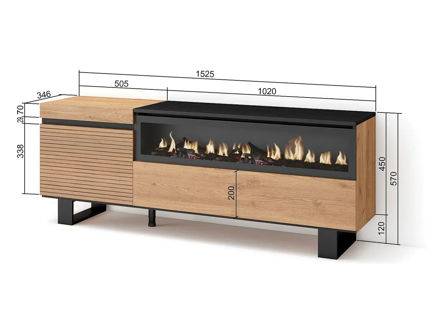 Móvel de TV, 150x35x57cm, Para televisores até 65", Lareira eléctrica, Design industrial, Carvahlo^Skraut Home Best