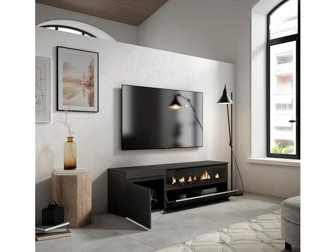 Móvel de TV, 150x35x45cm, Para televisores até 65", Lareira eléctrica,^Skraut Home Discount