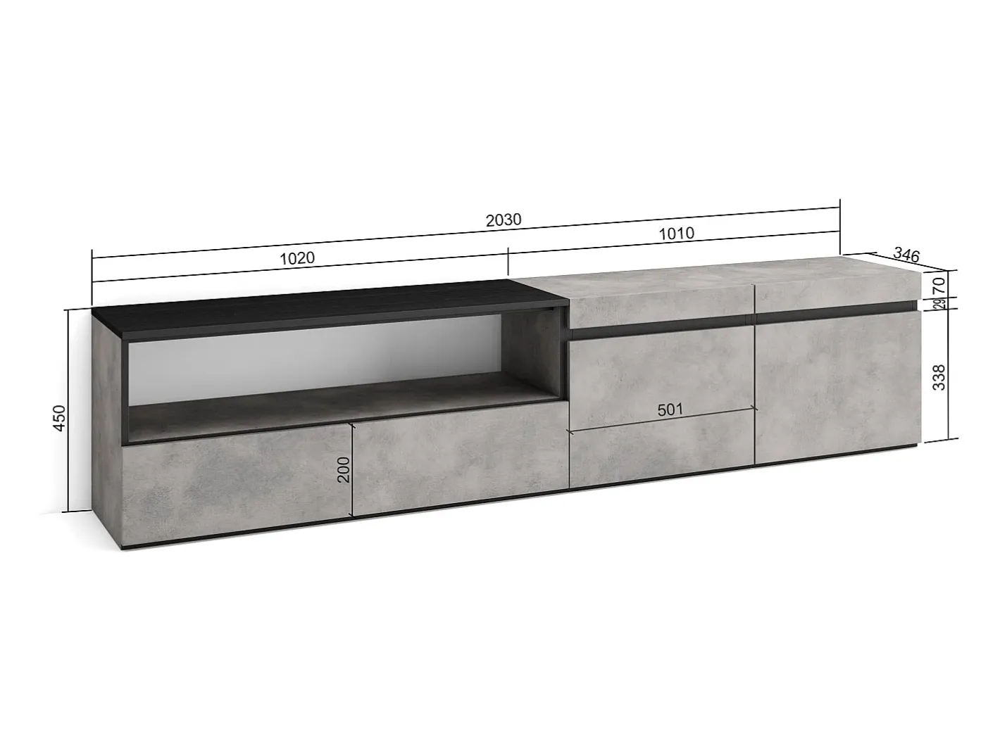 Móvel de TV, 200x35x45cm, Para televisores até 80", Estante para TV, Cimento*Skraut Home