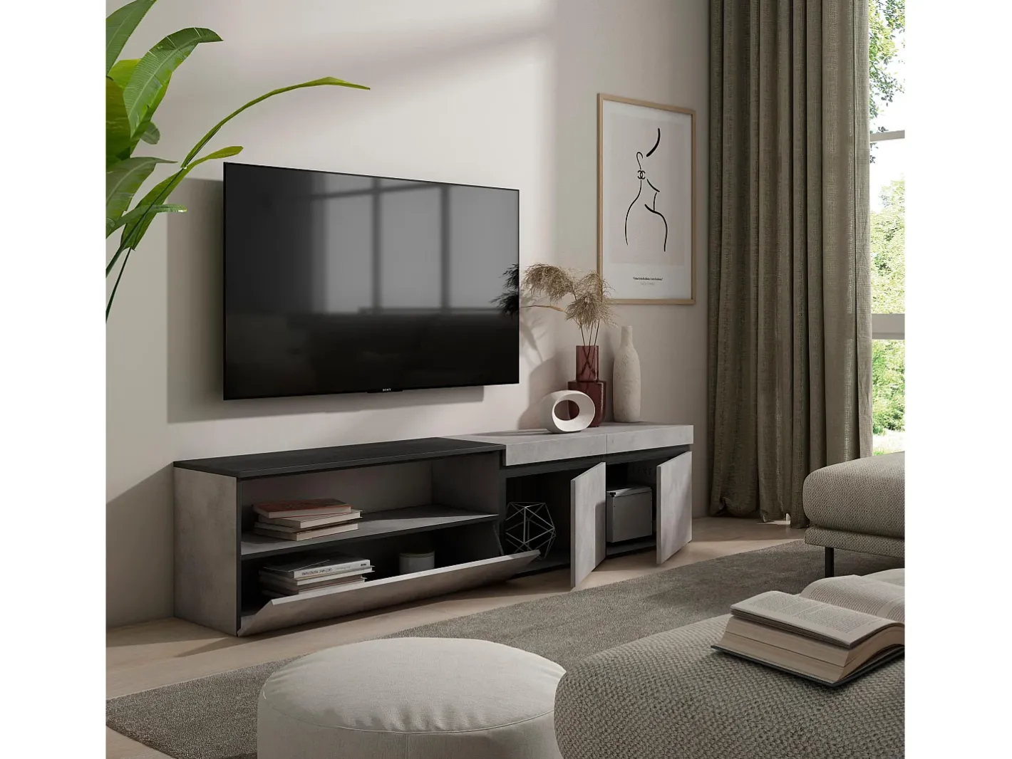 Móvel de TV, 200x35x45cm, Para televisores até 80", Estante para TV, Cimento*Skraut Home