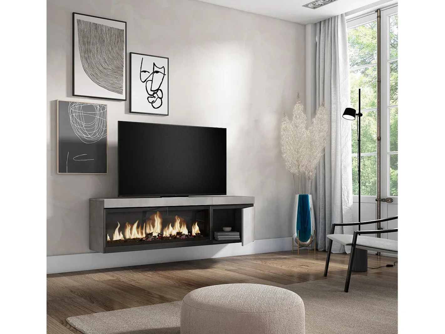 Móvel de TV, 158x35x45cm, Para televisores até 65", Lareira eléctrica XXL, Suspensos, Cimento*Skraut Home Discount