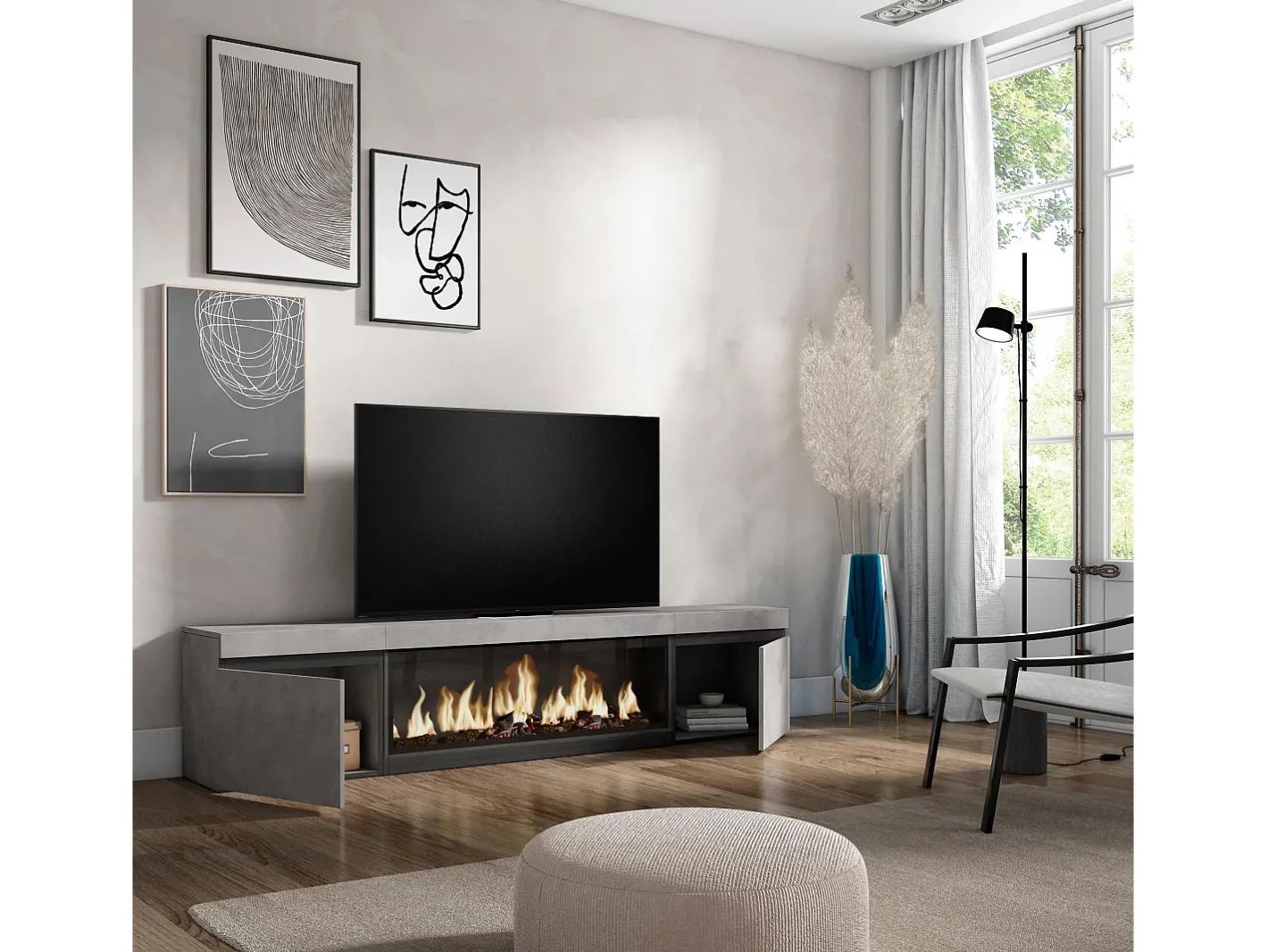 Móvel de TV, 208x35x45cm, Para televisores até 80", Lareira eléctrica XXL, Cimento*Skraut Home Clearance