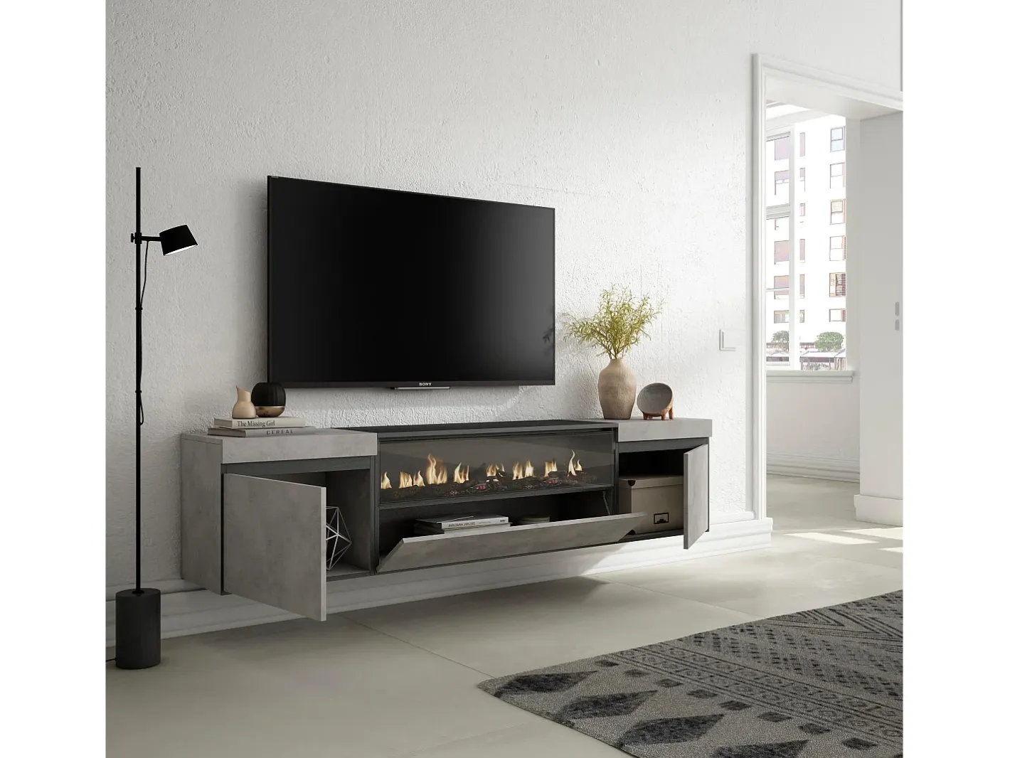 Skraut Home Móvel De Tv*Móvel de TV, 200x35x45cm, Para televisores até 80", Lareira eléctrica, Suspensos, Cimento Cinzento