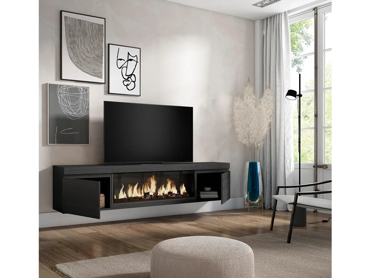 Móvel de TV, 208x35x45cm, Para televisores até 80", Lareira eléctrica XXL, Suspensos,^Skraut Home Clearance