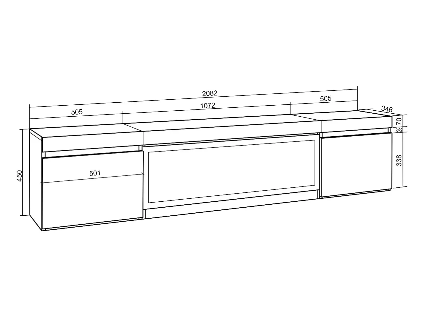 Móvel de TV, 208x35x45cm, Para televisores até 80", Lareira eléctrica XXL, Suspensos,^Skraut Home Clearance