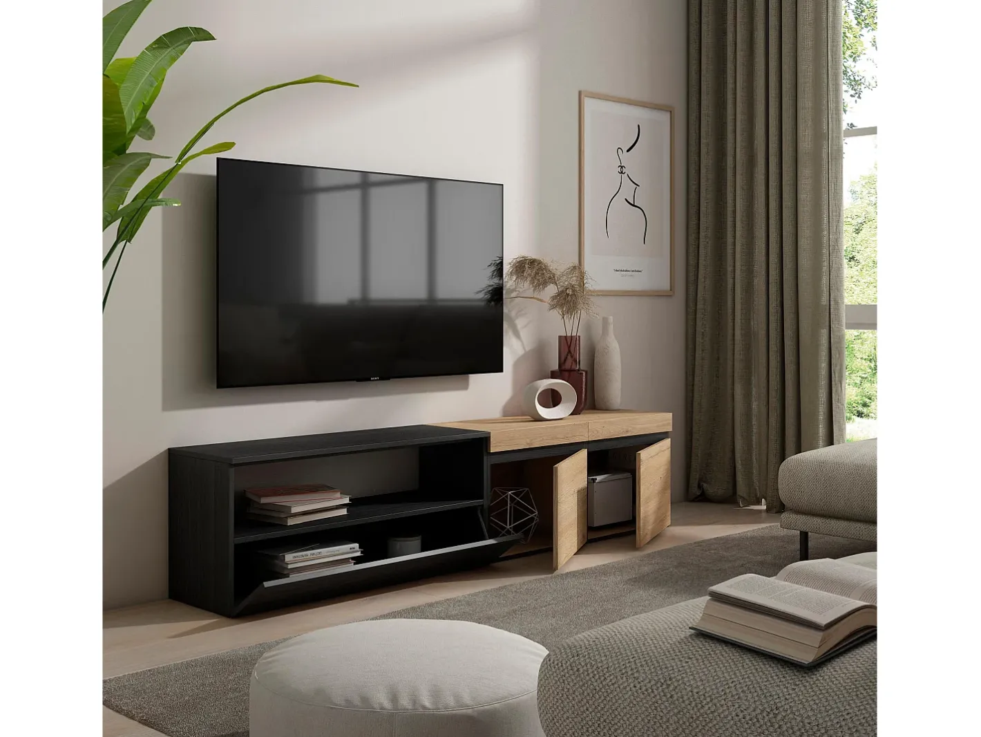 Skraut Home Móvel De Tv*Móvel de TV, 200x35x45cm, Para televisores até 80", Estante para TV, Carvahlo e preto Natural claro