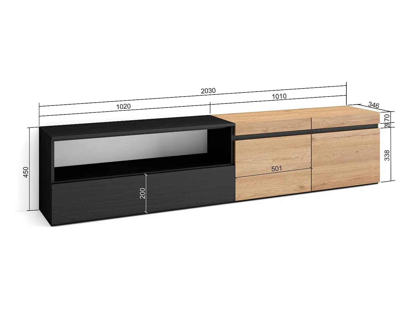 Skraut Home Móvel De Tv*Móvel de TV, 200x35x45cm, Para televisores até 80", Estante para TV, Carvahlo e preto Natural claro
