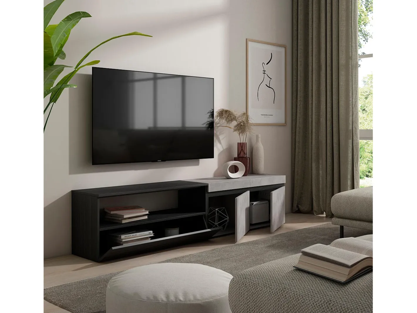 Móvel de TV, 200x35x45cm, Para televisores até 80", Estante para TV, Cimento^Skraut Home Best