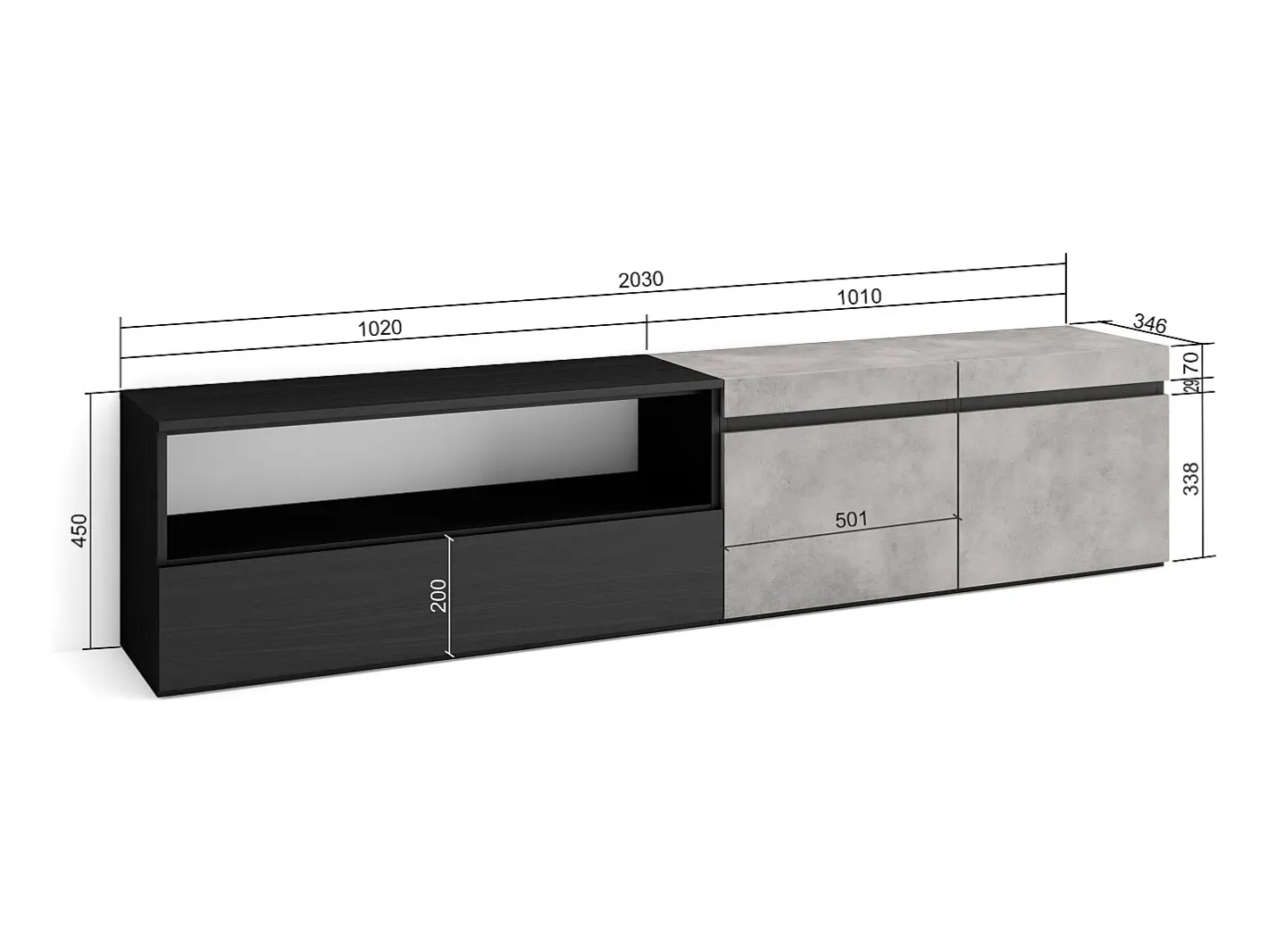 Móvel de TV, 200x35x45cm, Para televisores até 80", Estante para TV, Cimento^Skraut Home Best