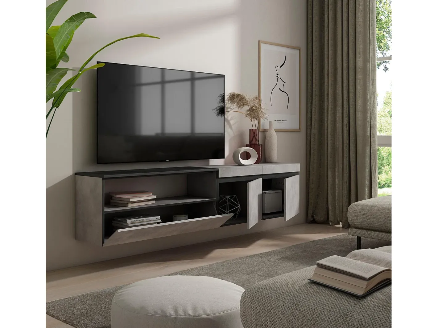 Outlet Móvel de TV, 200x35x45cm, Para televisores até 80", Suspensos, Cimento Móvel De Tv