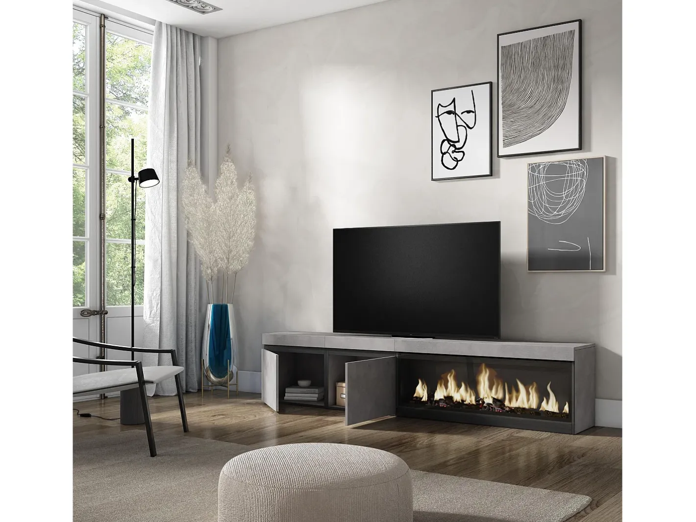 Online Móvel de TV, 208x35x45cm, Para televisores até 80", Lareira eléctrica XXL, Cimento Móvel De Tv