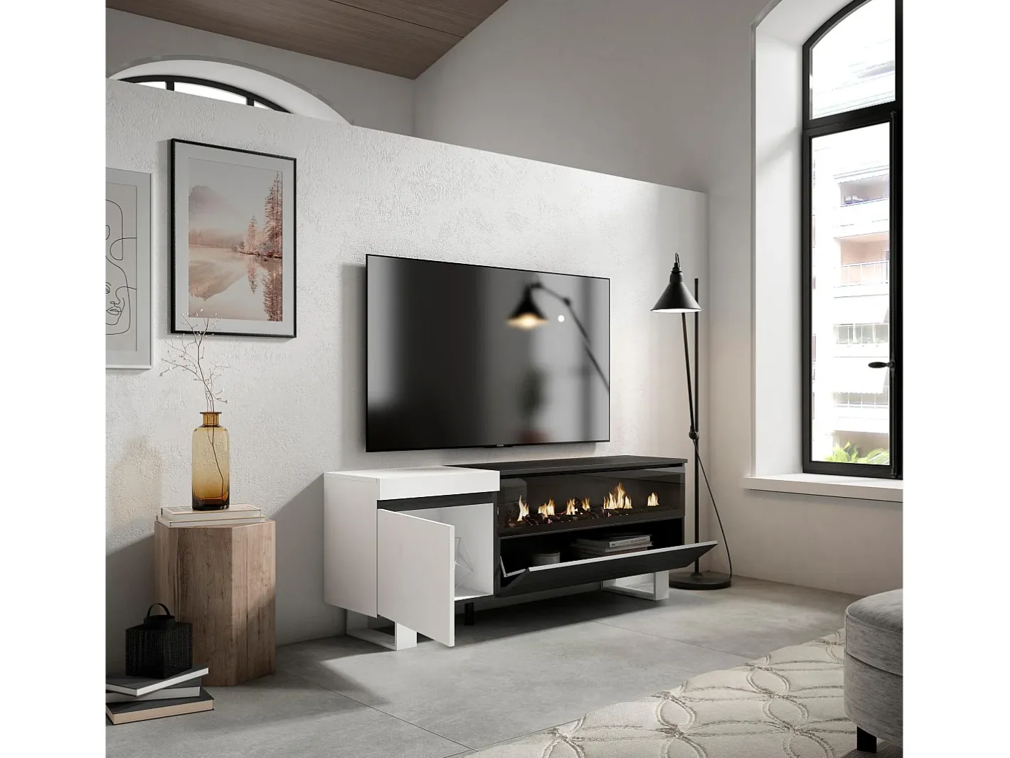 Móvel de TV, 150x35x57cm, Para televisores até 65", Lareira eléctrica, Design industrial, e preto*Skraut Home Discount