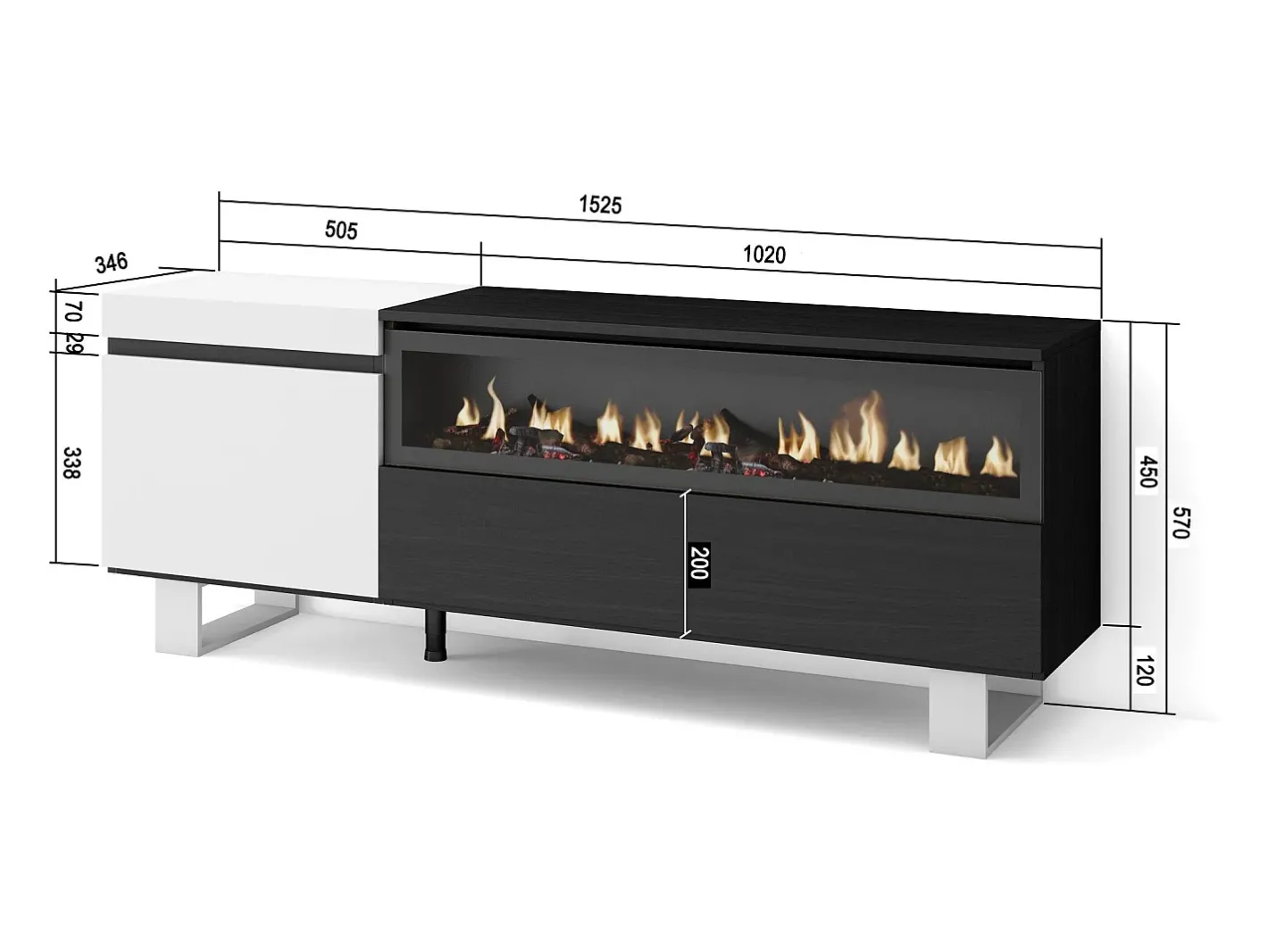 Móvel de TV, 150x35x57cm, Para televisores até 65", Lareira eléctrica, Design industrial, e preto*Skraut Home Discount