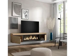 Skraut Home Móvel De Tv*Móvel de TV, 208x35x45cm, Para televisores até 80", Lareira eléctrica XXL, Suspensos, Carvahlo Natural claro