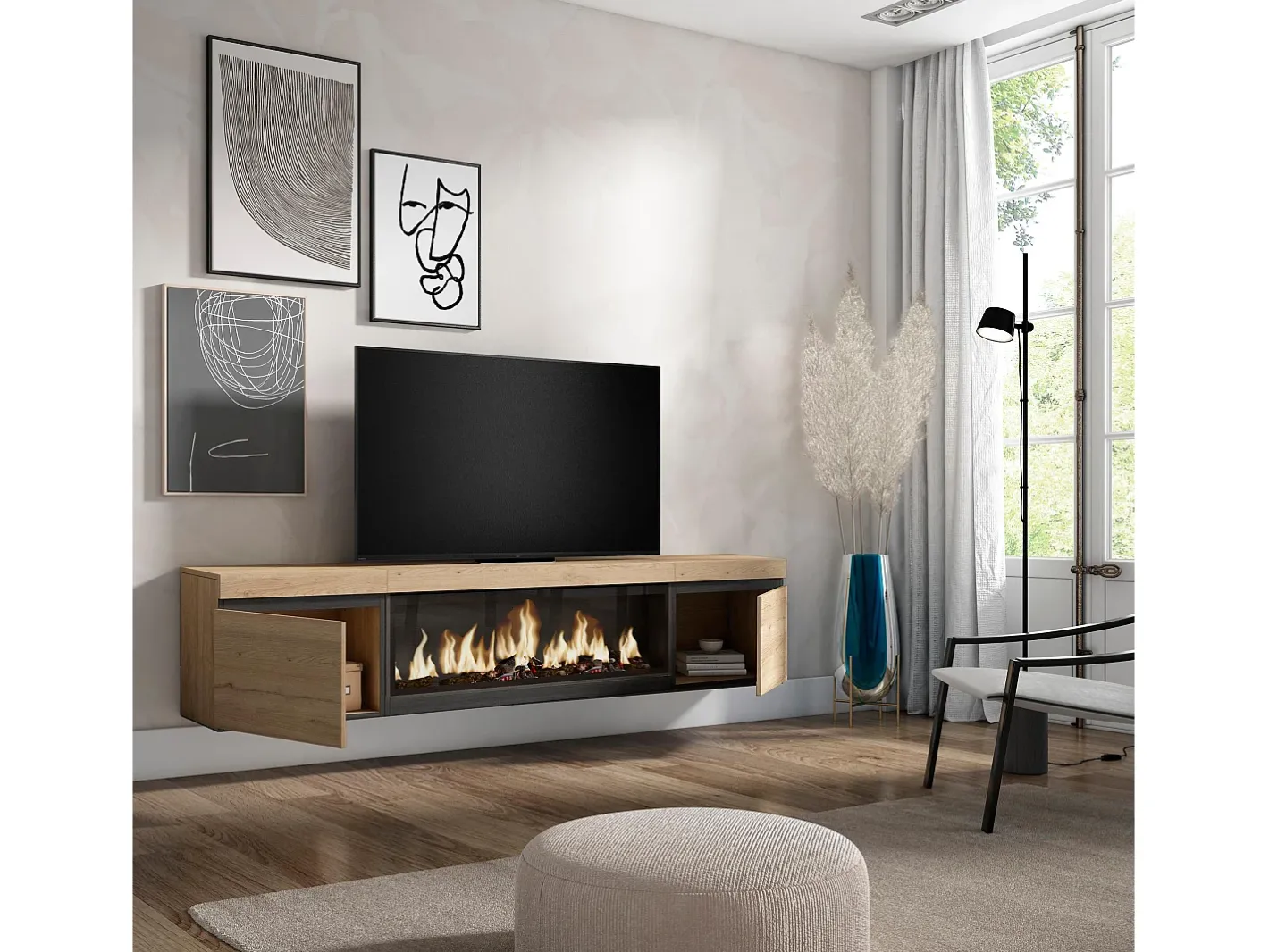 Skraut Home Móvel De Tv*Móvel de TV, 208x35x45cm, Para televisores até 80", Lareira eléctrica XXL, Suspensos, Carvahlo Natural claro