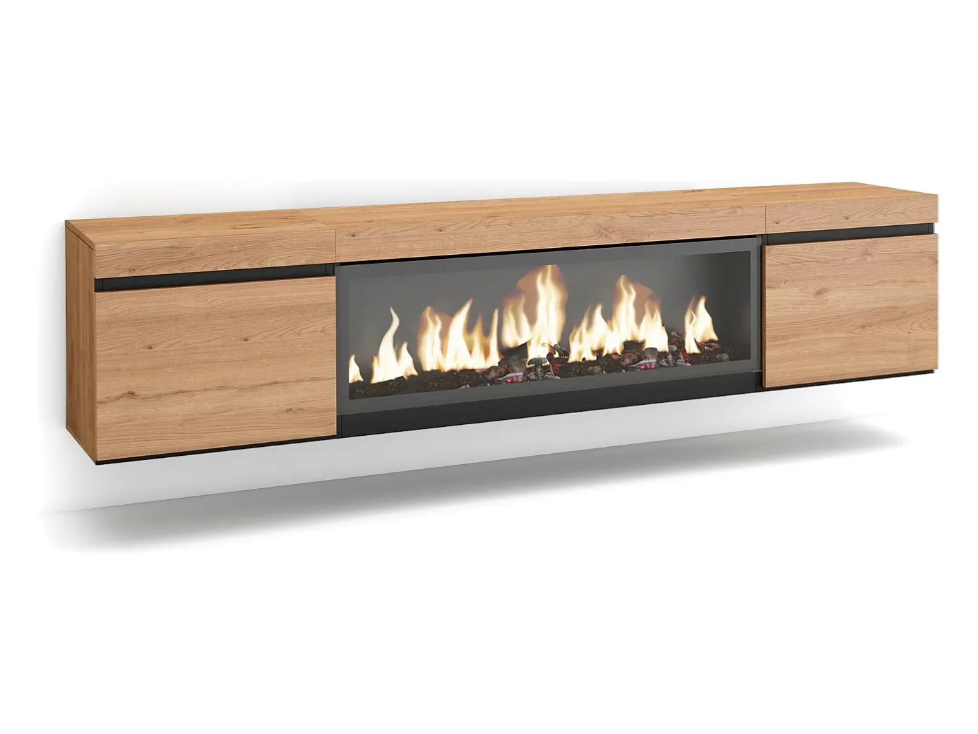 Skraut Home Móvel De Tv*Móvel de TV, 208x35x45cm, Para televisores até 80", Lareira eléctrica XXL, Suspensos, Carvahlo Natural claro